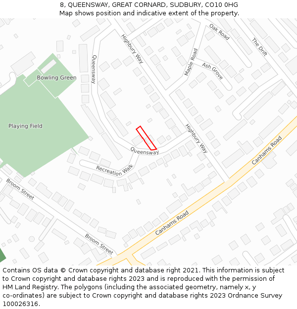8, QUEENSWAY, GREAT CORNARD, SUDBURY, CO10 0HG: Location map and indicative extent of plot