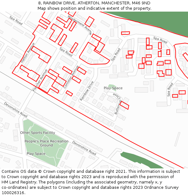 8, RAINBOW DRIVE, ATHERTON, MANCHESTER, M46 9ND: Location map and indicative extent of plot