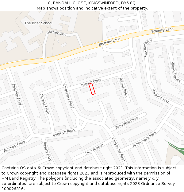 8, RANDALL CLOSE, KINGSWINFORD, DY6 8QJ: Location map and indicative extent of plot