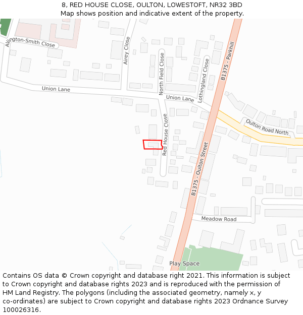 8, RED HOUSE CLOSE, OULTON, LOWESTOFT, NR32 3BD: Location map and indicative extent of plot