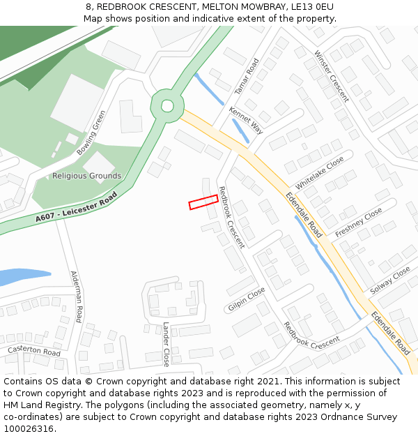 8, REDBROOK CRESCENT, MELTON MOWBRAY, LE13 0EU: Location map and indicative extent of plot
