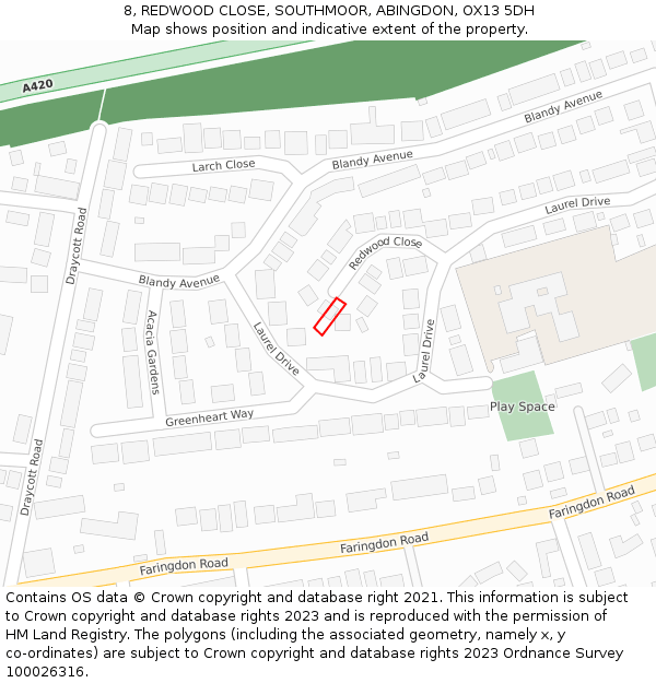 8, REDWOOD CLOSE, SOUTHMOOR, ABINGDON, OX13 5DH: Location map and indicative extent of plot