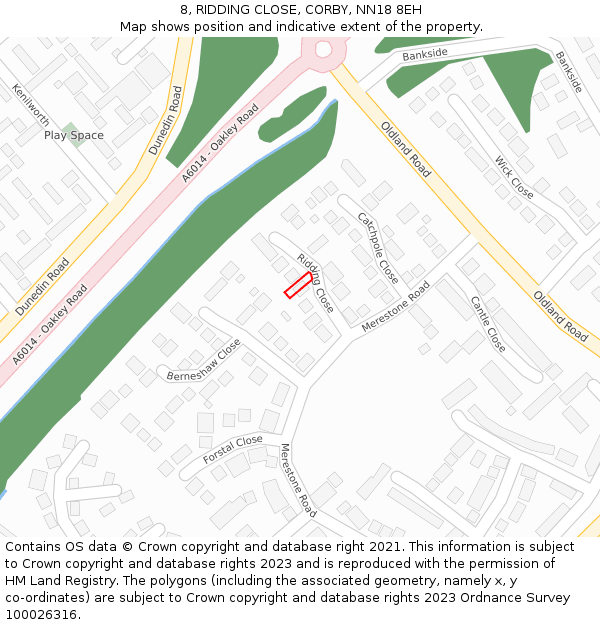 8, RIDDING CLOSE, CORBY, NN18 8EH: Location map and indicative extent of plot
