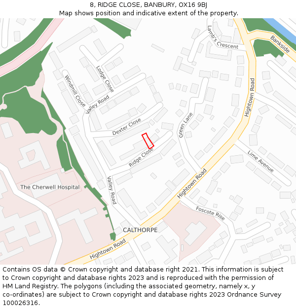 8, RIDGE CLOSE, BANBURY, OX16 9BJ: Location map and indicative extent of plot