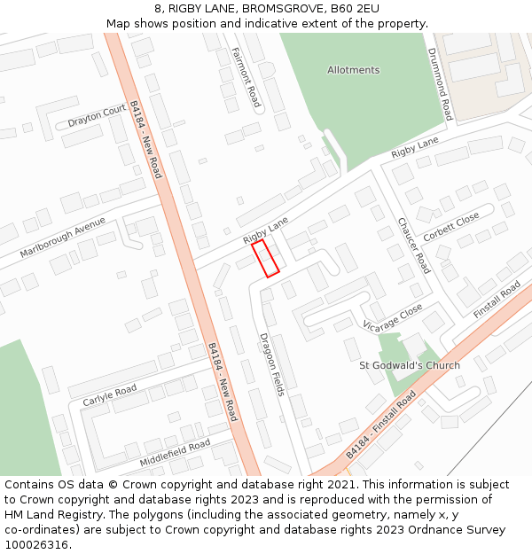 8, RIGBY LANE, BROMSGROVE, B60 2EU: Location map and indicative extent of plot