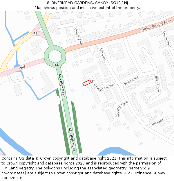 8, RIVERMEAD GARDENS, SANDY, SG19 1NJ: Location map and indicative extent of plot
