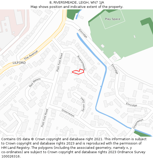 8, RIVERSMEADE, LEIGH, WN7 1JA: Location map and indicative extent of plot