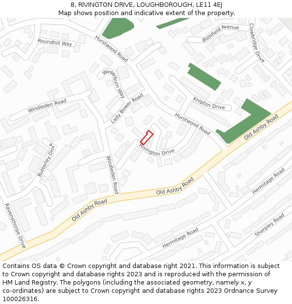 8, RIVINGTON DRIVE, LOUGHBOROUGH, LE11 4EJ: Location map and indicative extent of plot