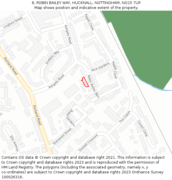 8, ROBIN BAILEY WAY, HUCKNALL, NOTTINGHAM, NG15 7UP: Location map and indicative extent of plot