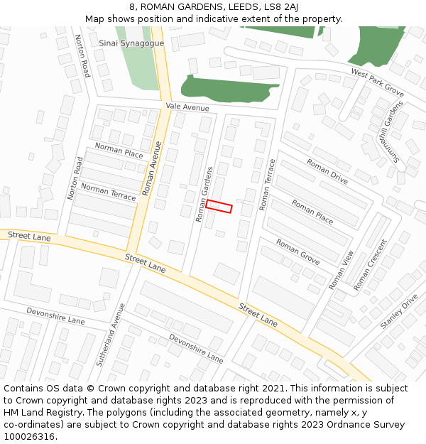 8, ROMAN GARDENS, LEEDS, LS8 2AJ: Location map and indicative extent of plot