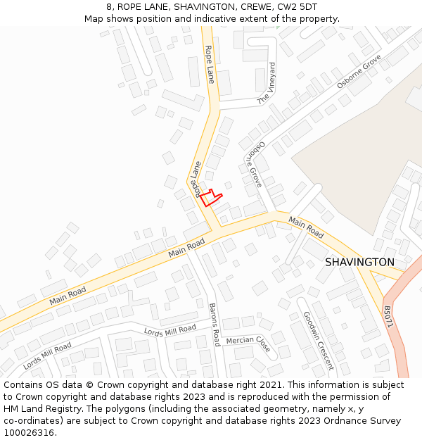 8, ROPE LANE, SHAVINGTON, CREWE, CW2 5DT: Location map and indicative extent of plot