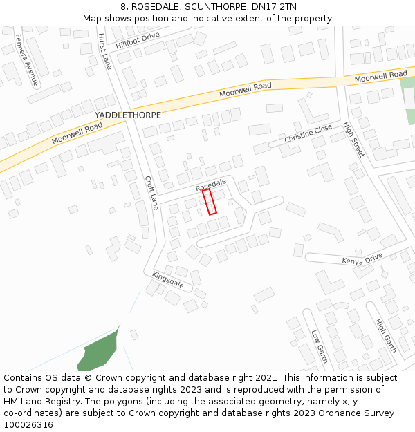 8, ROSEDALE, SCUNTHORPE, DN17 2TN: Location map and indicative extent of plot