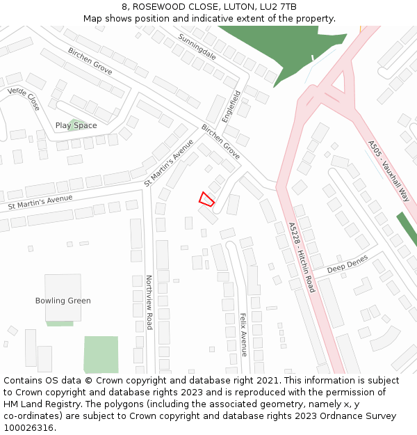8, ROSEWOOD CLOSE, LUTON, LU2 7TB: Location map and indicative extent of plot