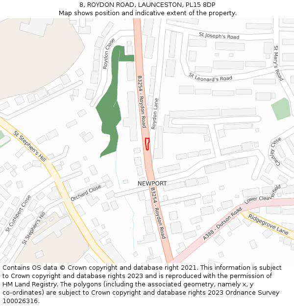 8, ROYDON ROAD, LAUNCESTON, PL15 8DP: Location map and indicative extent of plot