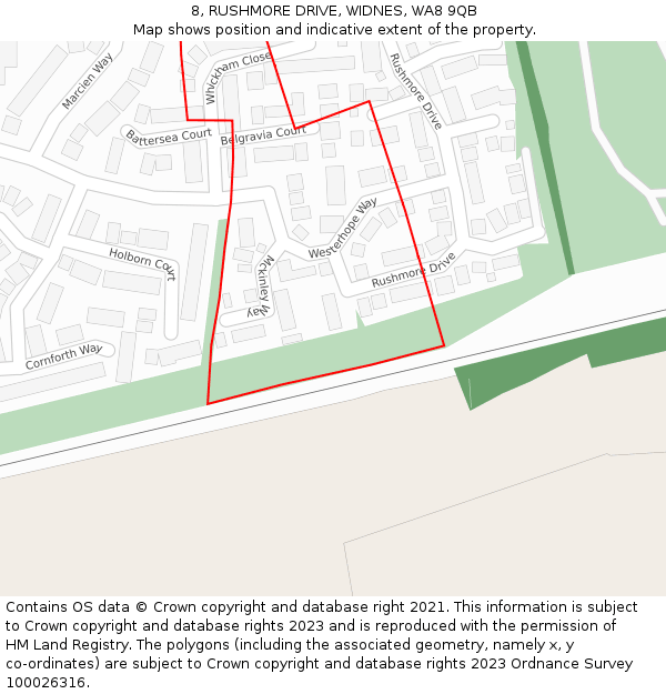 8, RUSHMORE DRIVE, WIDNES, WA8 9QB: Location map and indicative extent of plot