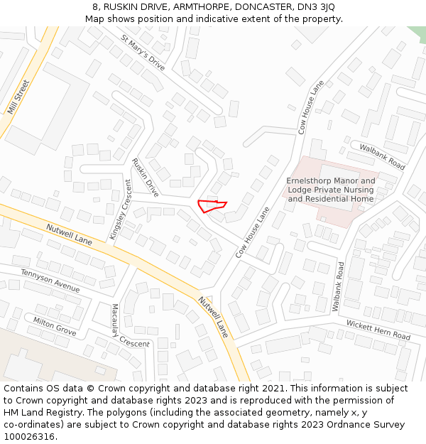 8, RUSKIN DRIVE, ARMTHORPE, DONCASTER, DN3 3JQ: Location map and indicative extent of plot