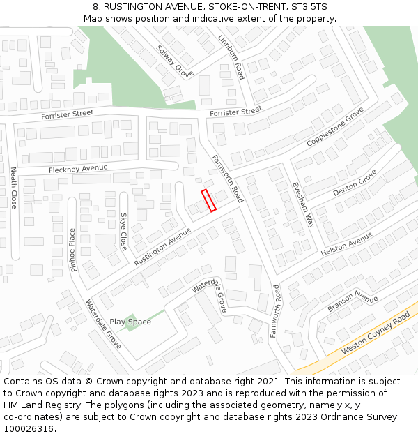 8, RUSTINGTON AVENUE, STOKE-ON-TRENT, ST3 5TS: Location map and indicative extent of plot