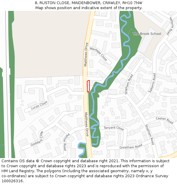 8, RUSTON CLOSE, MAIDENBOWER, CRAWLEY, RH10 7NW: Location map and indicative extent of plot