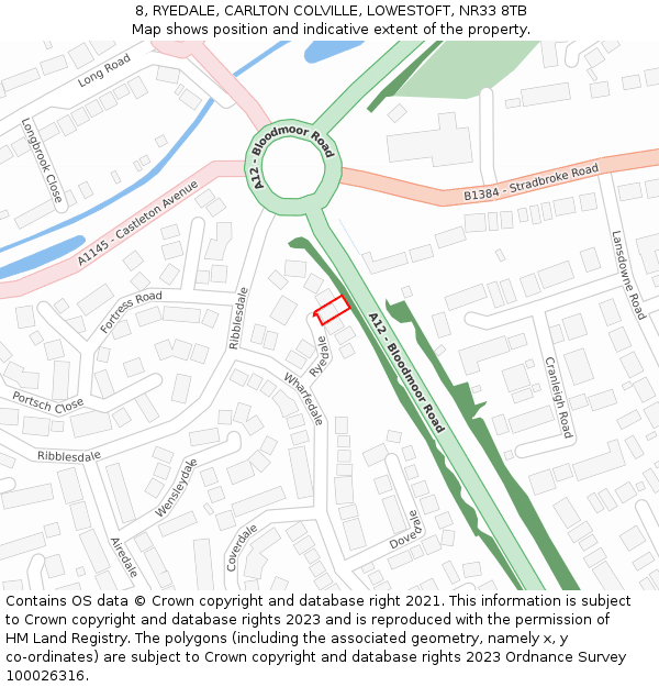 8, RYEDALE, CARLTON COLVILLE, LOWESTOFT, NR33 8TB: Location map and indicative extent of plot