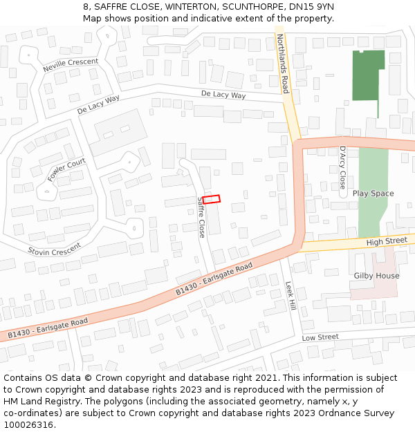 8, SAFFRE CLOSE, WINTERTON, SCUNTHORPE, DN15 9YN: Location map and indicative extent of plot