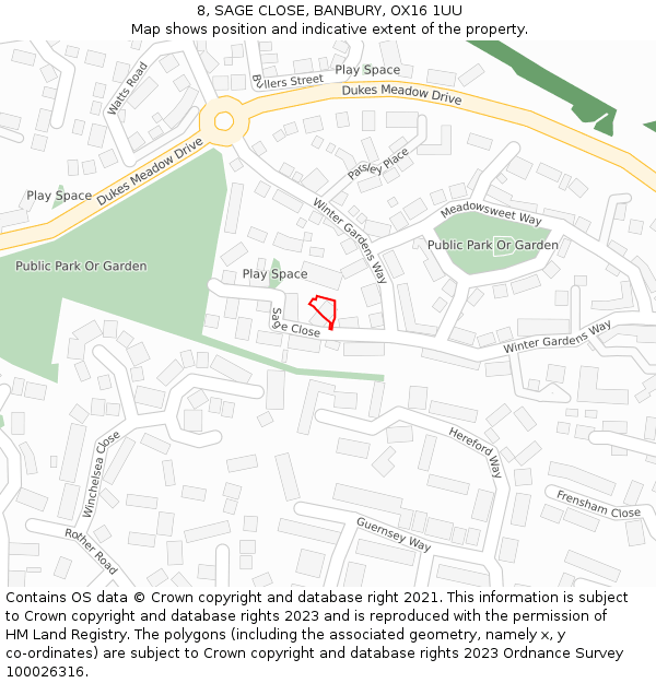 8, SAGE CLOSE, BANBURY, OX16 1UU: Location map and indicative extent of plot