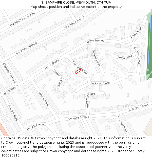 8, SAMPHIRE CLOSE, WEYMOUTH, DT4 7UA: Location map and indicative extent of plot