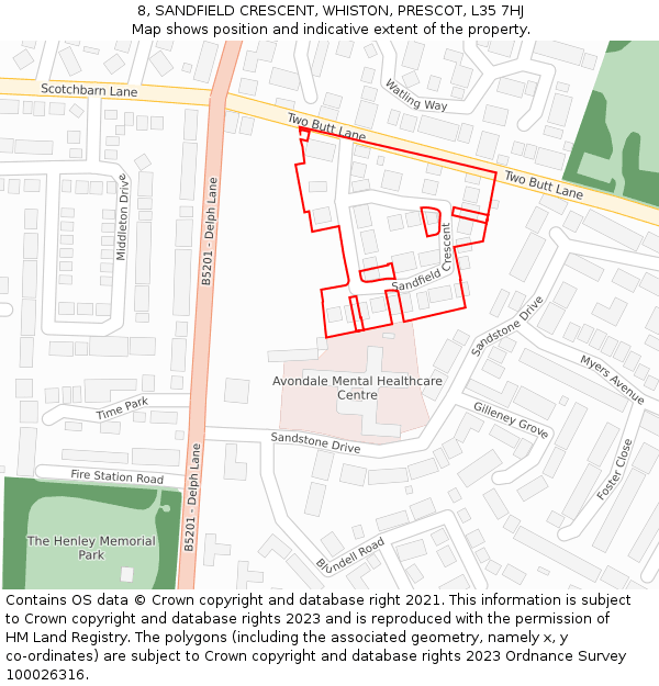 8, SANDFIELD CRESCENT, WHISTON, PRESCOT, L35 7HJ: Location map and indicative extent of plot