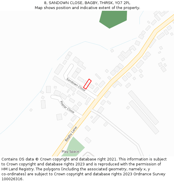 8, SANDOWN CLOSE, BAGBY, THIRSK, YO7 2PL: Location map and indicative extent of plot