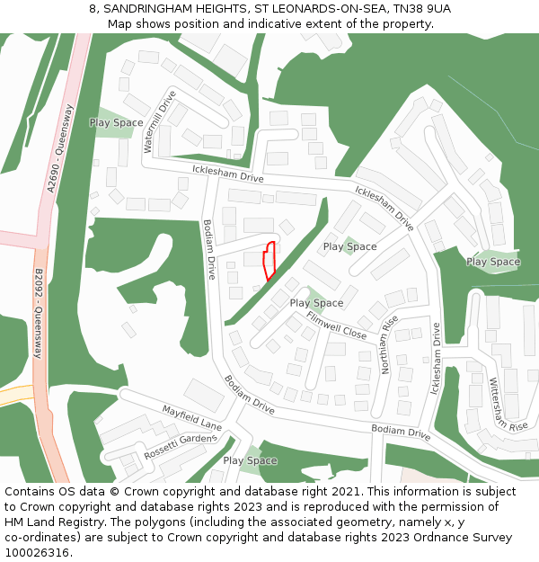 8, SANDRINGHAM HEIGHTS, ST LEONARDS-ON-SEA, TN38 9UA: Location map and indicative extent of plot