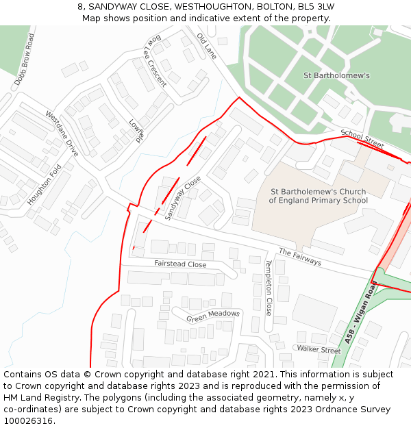 8, SANDYWAY CLOSE, WESTHOUGHTON, BOLTON, BL5 3LW: Location map and indicative extent of plot