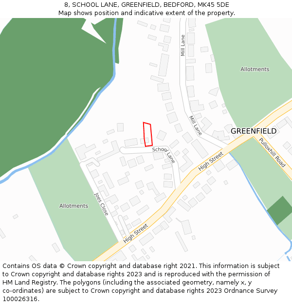 8, SCHOOL LANE, GREENFIELD, BEDFORD, MK45 5DE: Location map and indicative extent of plot