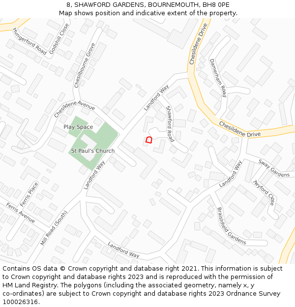8, SHAWFORD GARDENS, BOURNEMOUTH, BH8 0PE: Location map and indicative extent of plot