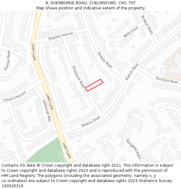 8, SHERBORNE ROAD, CHELMSFORD, CM1 7NT: Location map and indicative extent of plot