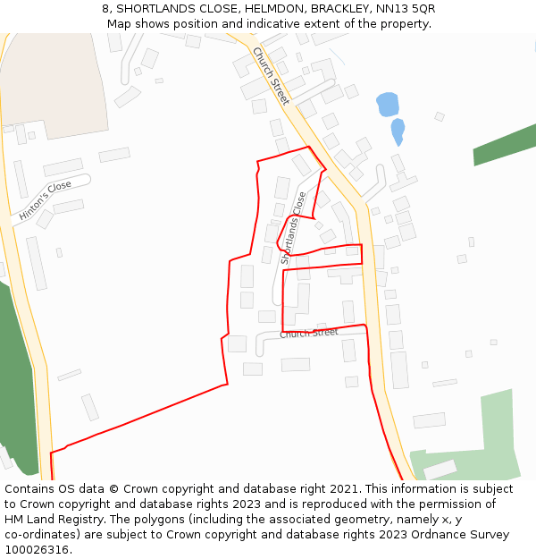 8, SHORTLANDS CLOSE, HELMDON, BRACKLEY, NN13 5QR: Location map and indicative extent of plot