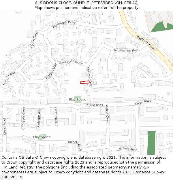 8, SIDDONS CLOSE, OUNDLE, PETERBOROUGH, PE8 4QJ: Location map and indicative extent of plot