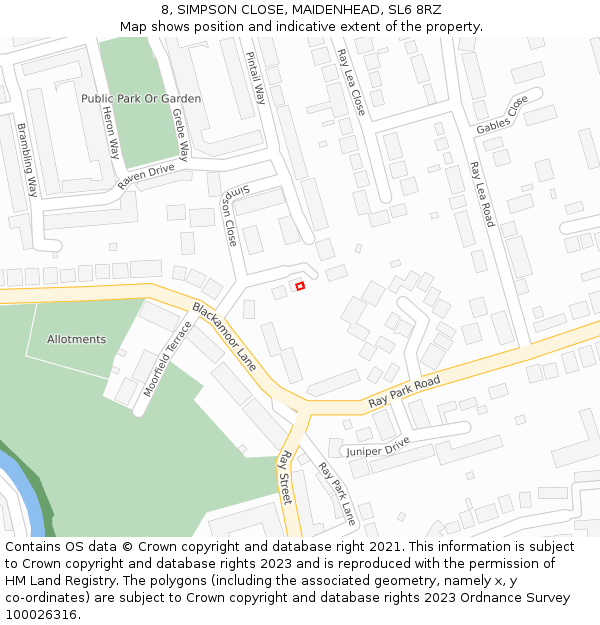 8, SIMPSON CLOSE, MAIDENHEAD, SL6 8RZ: Location map and indicative extent of plot
