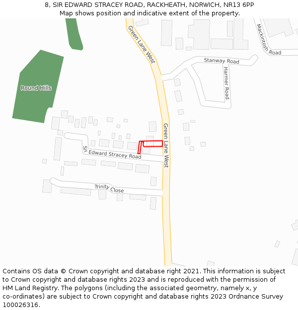 8, SIR EDWARD STRACEY ROAD, RACKHEATH, NORWICH, NR13 6PP: Location map and indicative extent of plot