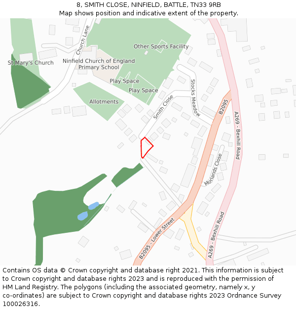 8, SMITH CLOSE, NINFIELD, BATTLE, TN33 9RB: Location map and indicative extent of plot