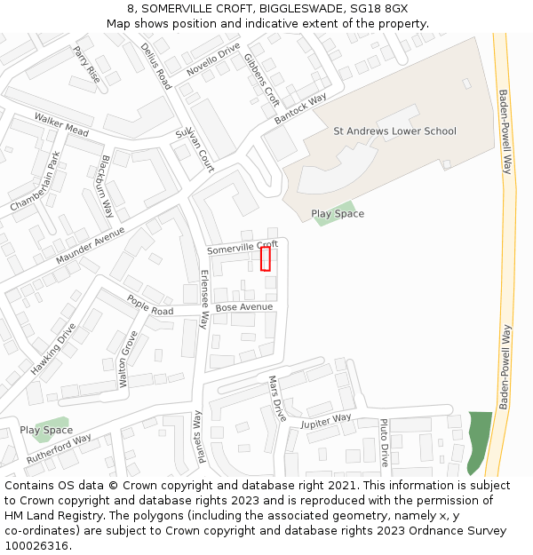 8, SOMERVILLE CROFT, BIGGLESWADE, SG18 8GX: Location map and indicative extent of plot