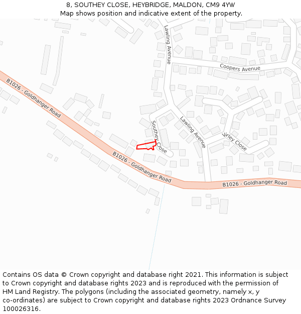 8, SOUTHEY CLOSE, HEYBRIDGE, MALDON, CM9 4YW: Location map and indicative extent of plot
