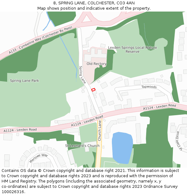 8, SPRING LANE, COLCHESTER, CO3 4AN: Location map and indicative extent of plot