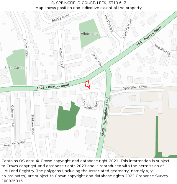8, SPRINGFIELD COURT, LEEK, ST13 6LZ: Location map and indicative extent of plot