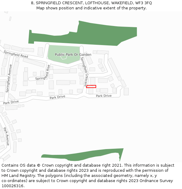 8, SPRINGFIELD CRESCENT, LOFTHOUSE, WAKEFIELD, WF3 3FQ: Location map and indicative extent of plot
