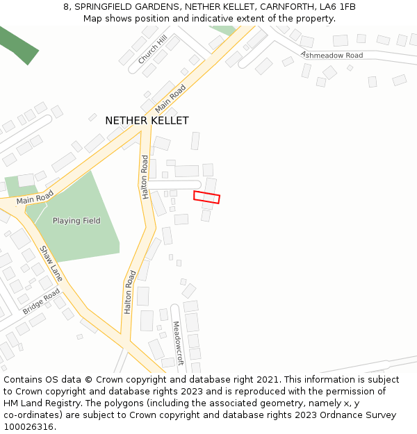 8, SPRINGFIELD GARDENS, NETHER KELLET, CARNFORTH, LA6 1FB: Location map and indicative extent of plot
