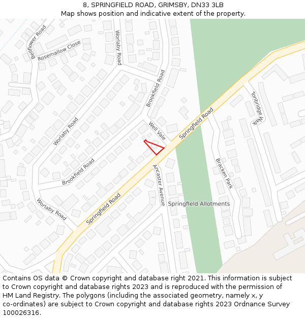 8, SPRINGFIELD ROAD, GRIMSBY, DN33 3LB: Location map and indicative extent of plot