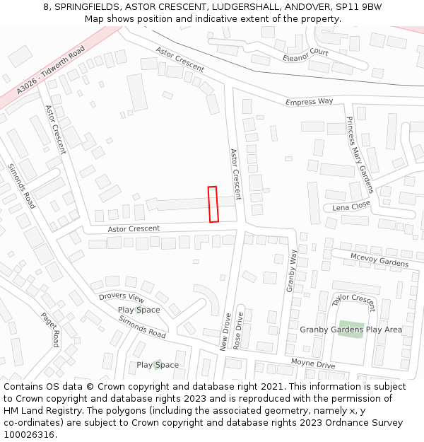 8, SPRINGFIELDS, ASTOR CRESCENT, LUDGERSHALL, ANDOVER, SP11 9BW: Location map and indicative extent of plot