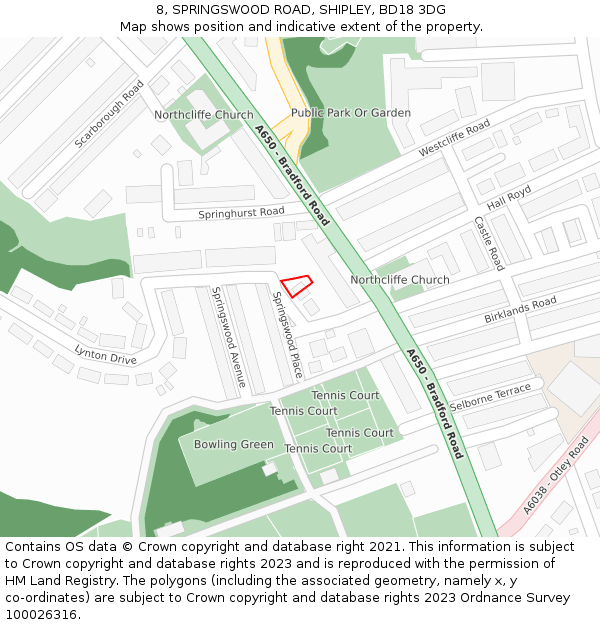 8, SPRINGSWOOD ROAD, SHIPLEY, BD18 3DG: Location map and indicative extent of plot