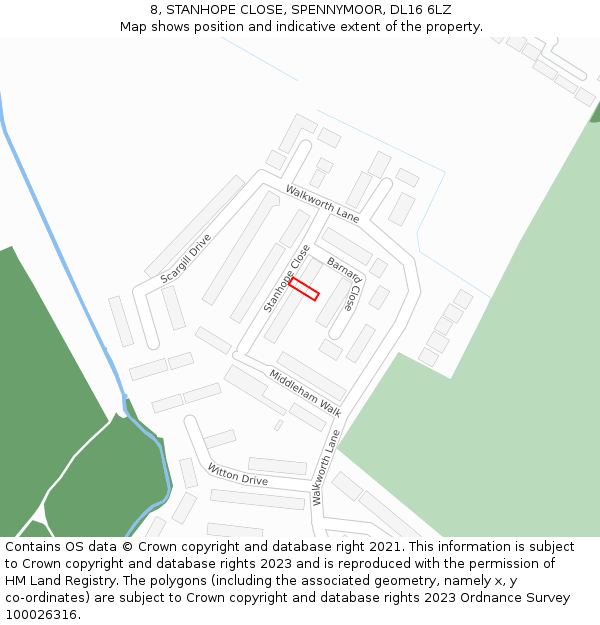 8, STANHOPE CLOSE, SPENNYMOOR, DL16 6LZ: Location map and indicative extent of plot