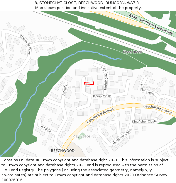 8, STONECHAT CLOSE, BEECHWOOD, RUNCORN, WA7 3JL: Location map and indicative extent of plot