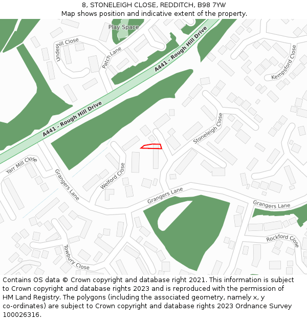 8, STONELEIGH CLOSE, REDDITCH, B98 7YW: Location map and indicative extent of plot